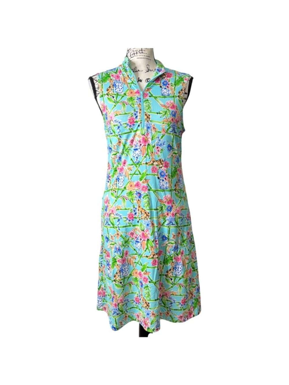 G Lifestyle Womens Small Sleeveless Dress Tropical Floral Giraffe 1/4 Zip UPF